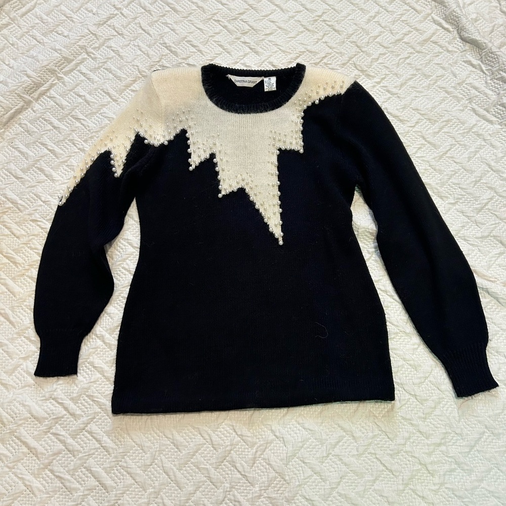 Christina Grant Black and Cream Pearl embellished Vintage Sweater